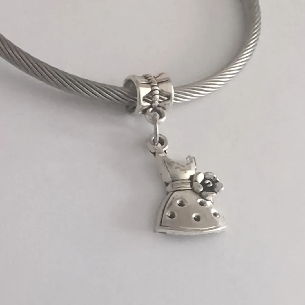 Elegant Silver Polka Dot Flower Dress‎ Dangle Charm for Pandora Style Bracelet